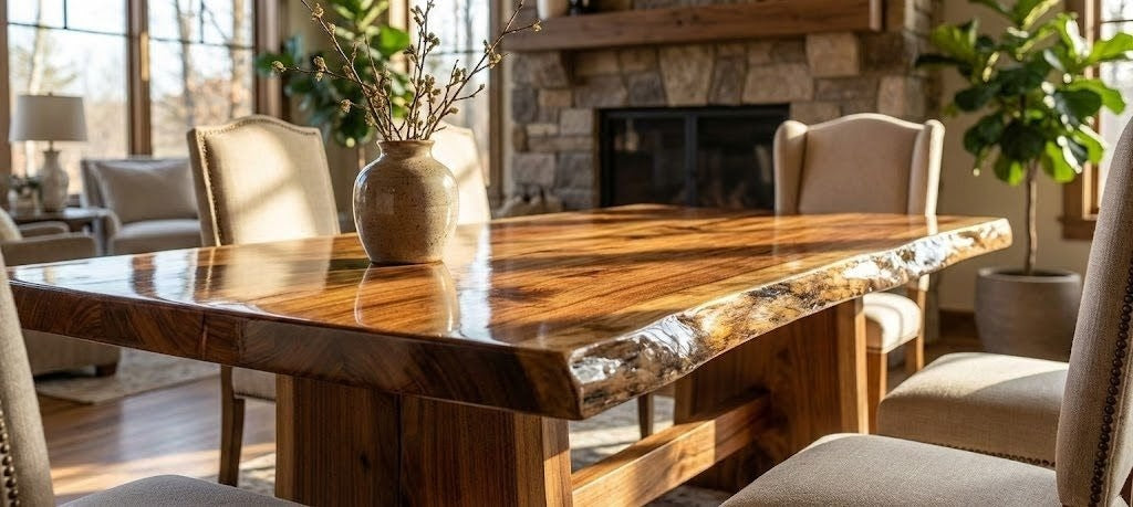 Wooden dining table with chairs in a cozy living room setting.