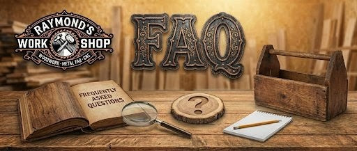 Wooden workshop-themed FAQ banner with tools and books on a wooden surface.