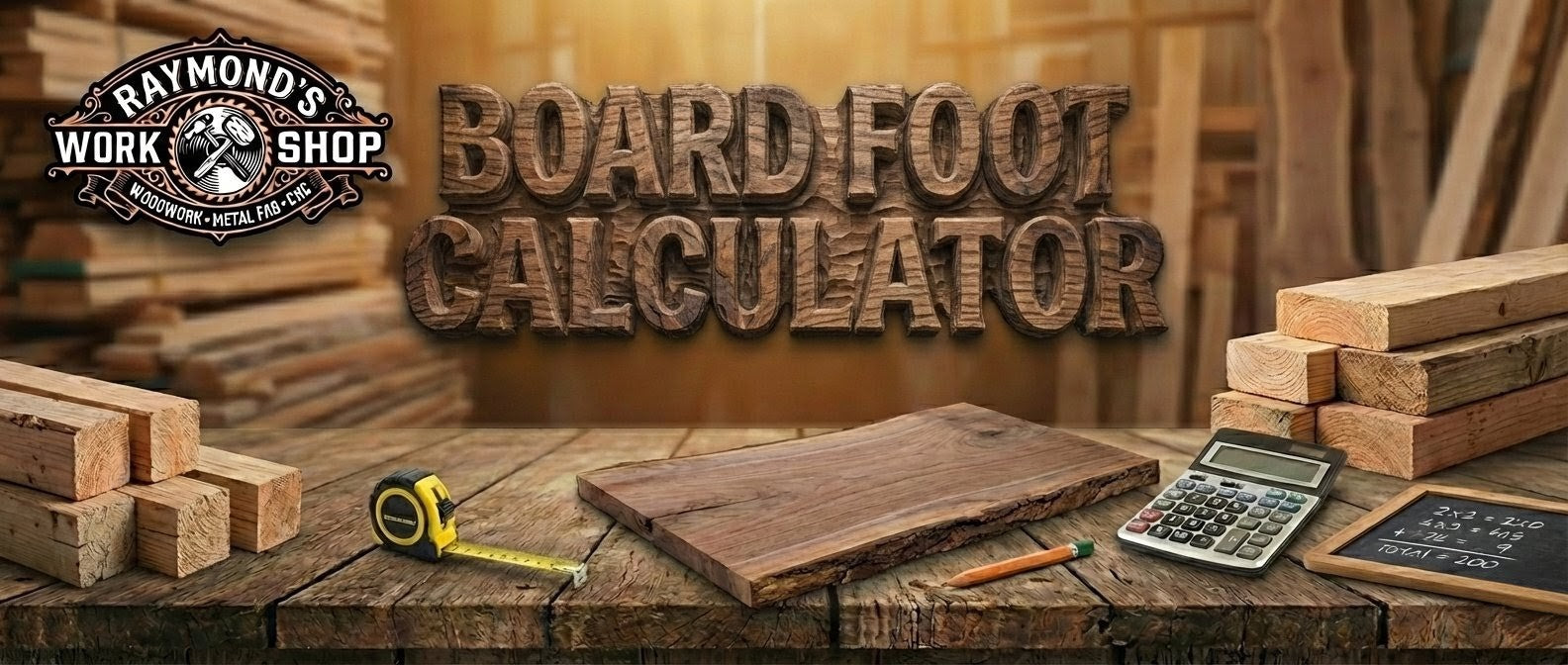 Advertisement for Raymond's Work Shop Board Foot Calculator with wooden blocks and tools on a rustic wooden table.