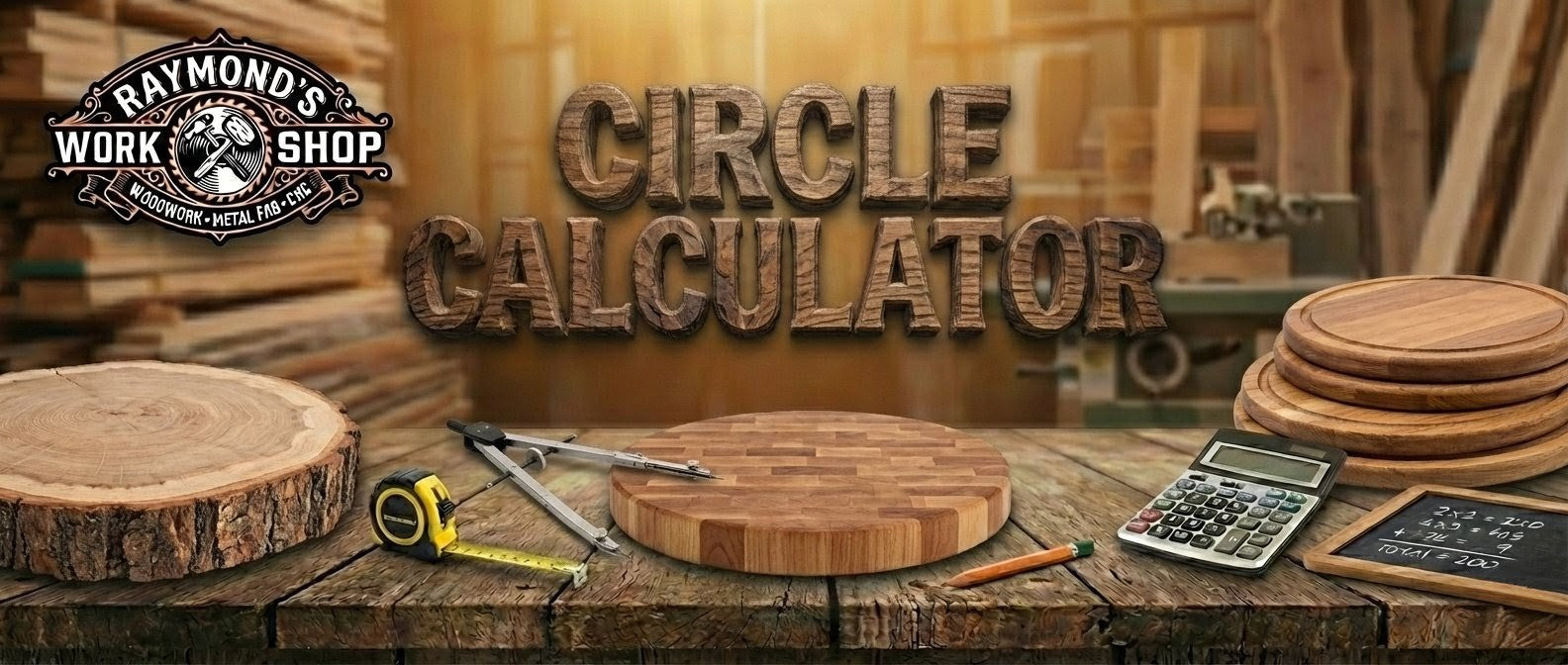 Wooden cutting boards, calculator, and tools on a wooden surface with 'Raymond's Workshop' branding.