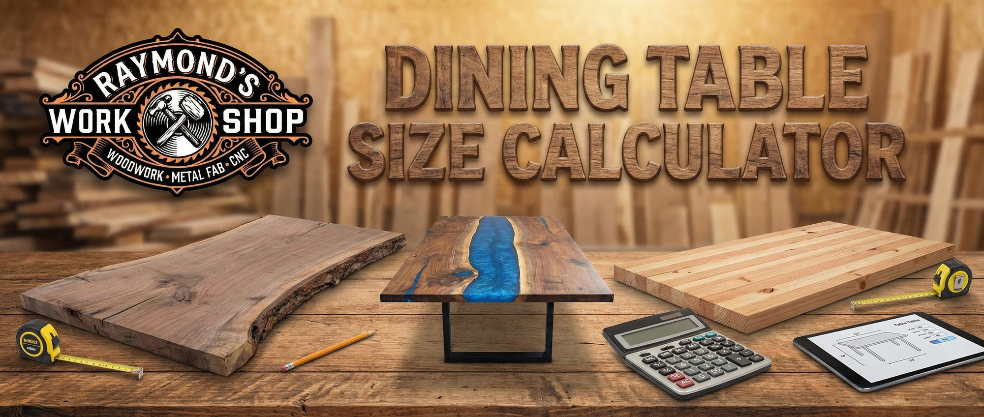 Dining table size calculator with wooden boards and tools on a wooden surface, featuring Raymond's Workshop logo.