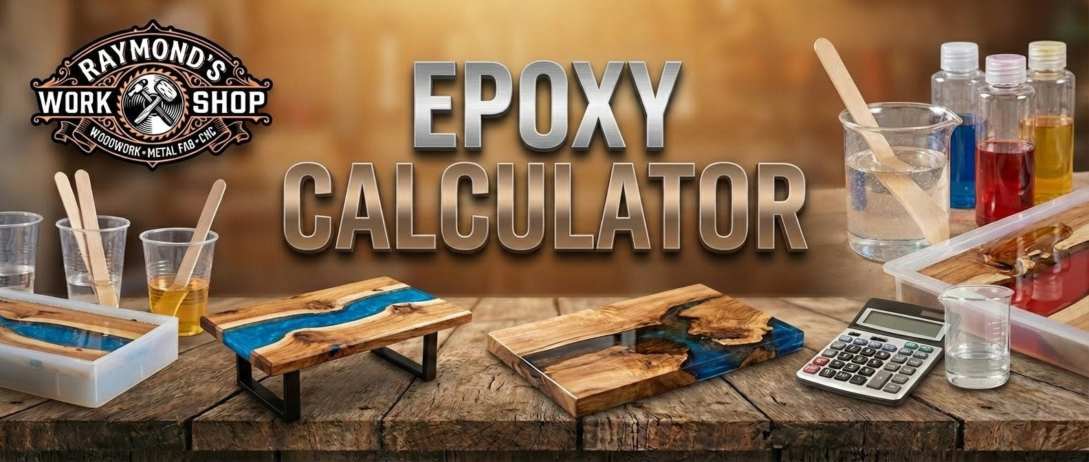 Epoxy calculator advertisement with tools and materials on a wooden surface, featuring Raymond's Workshop logo.
